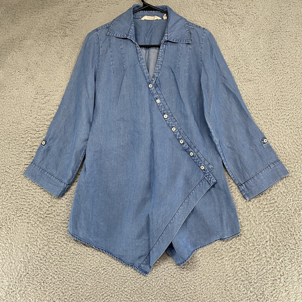 Soft Surroundings Chambray Tunic Top Womens XS Blue Asymmetrical Button Blouse